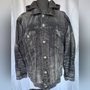 American Eagle Hooded Black Denim Trucker Jacket XL Insulated Distress